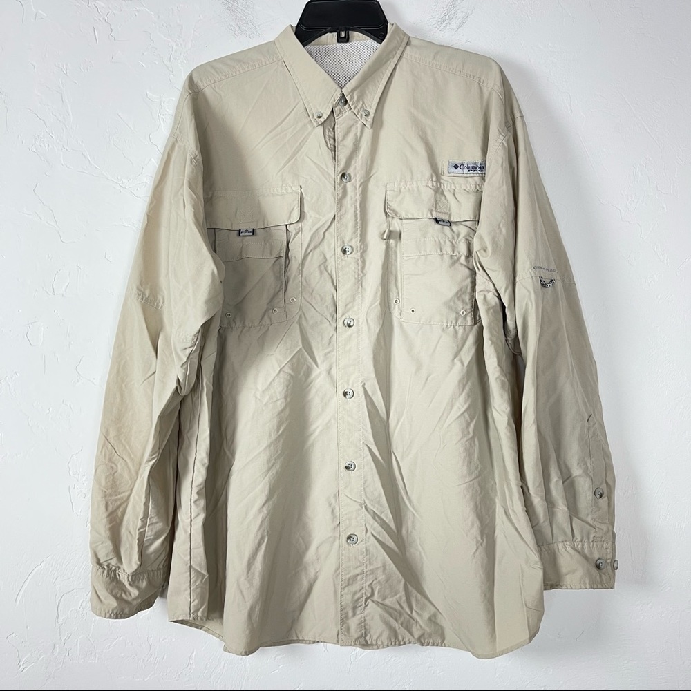 Columbia Shirt PFG Bahama ll Long‎ Sleeve Mesh Beige Tan Solid Fishing Nylon Top